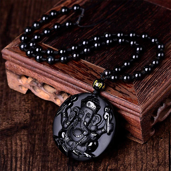 Obsidian Ganesha Success Necklace
