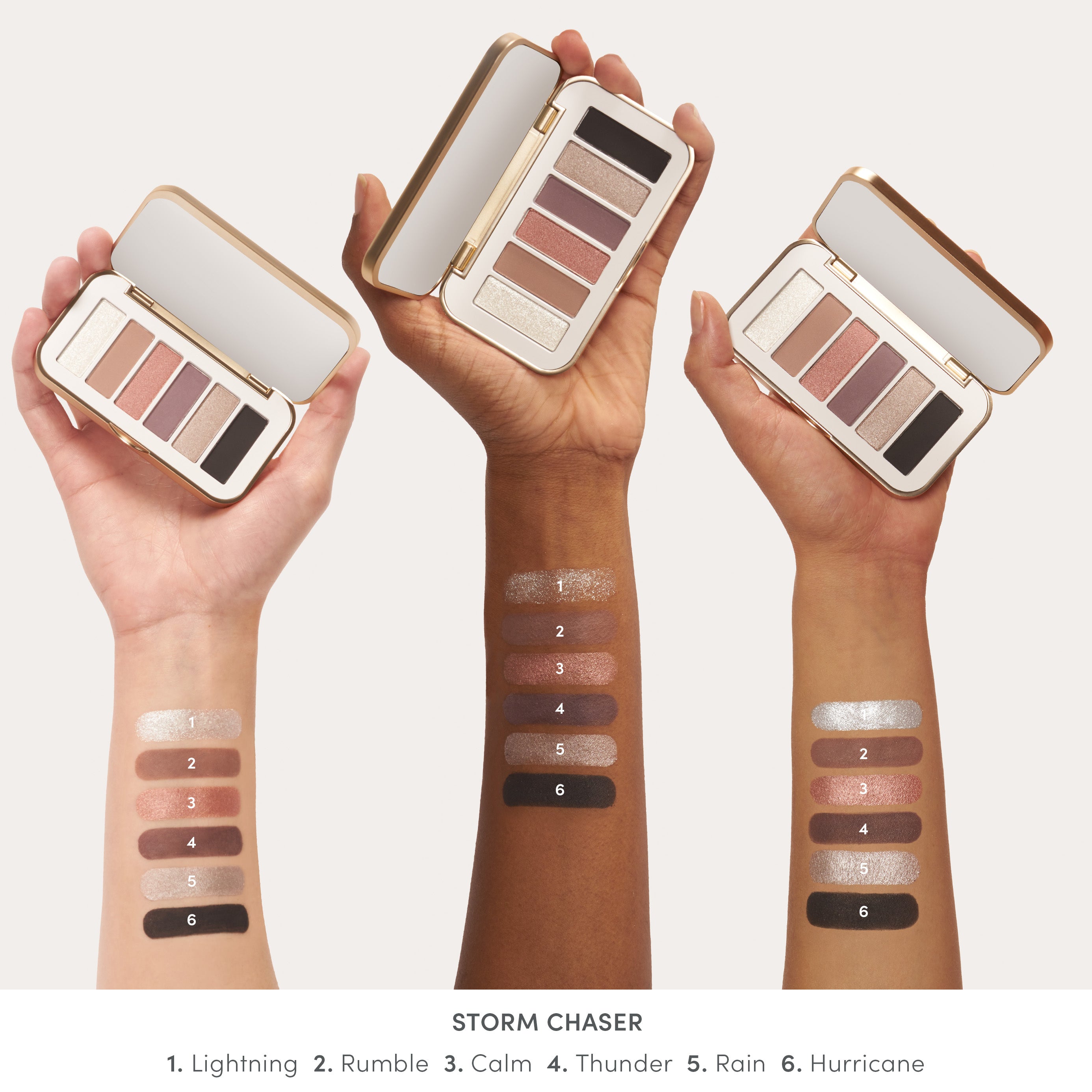 Eye Shadow arm swatches showing the jane iredale Storm Chaser Eye Shadow Kit