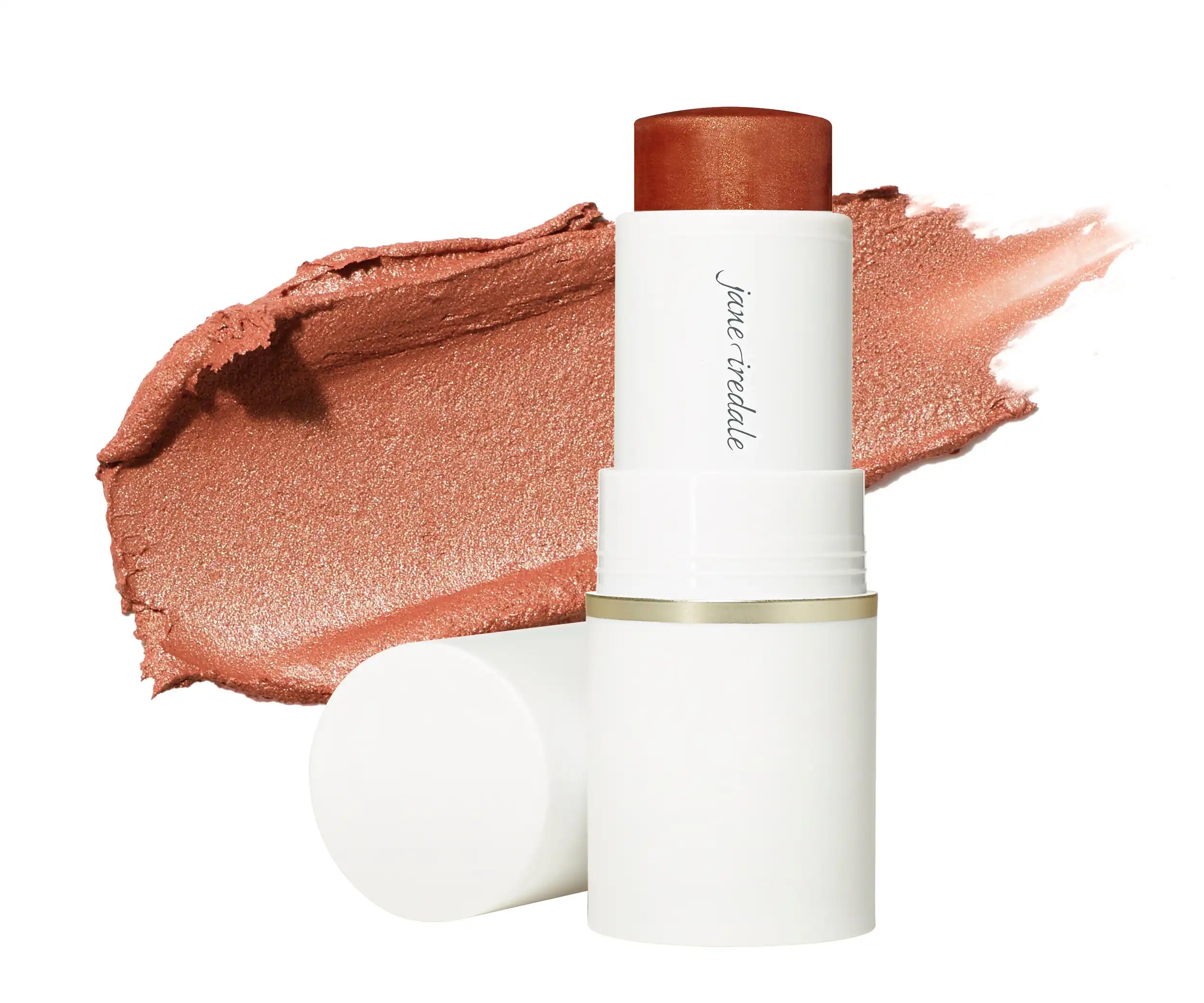 Jane Iredale Glow Time Blush Stick soldier and swatch in shade Glorious