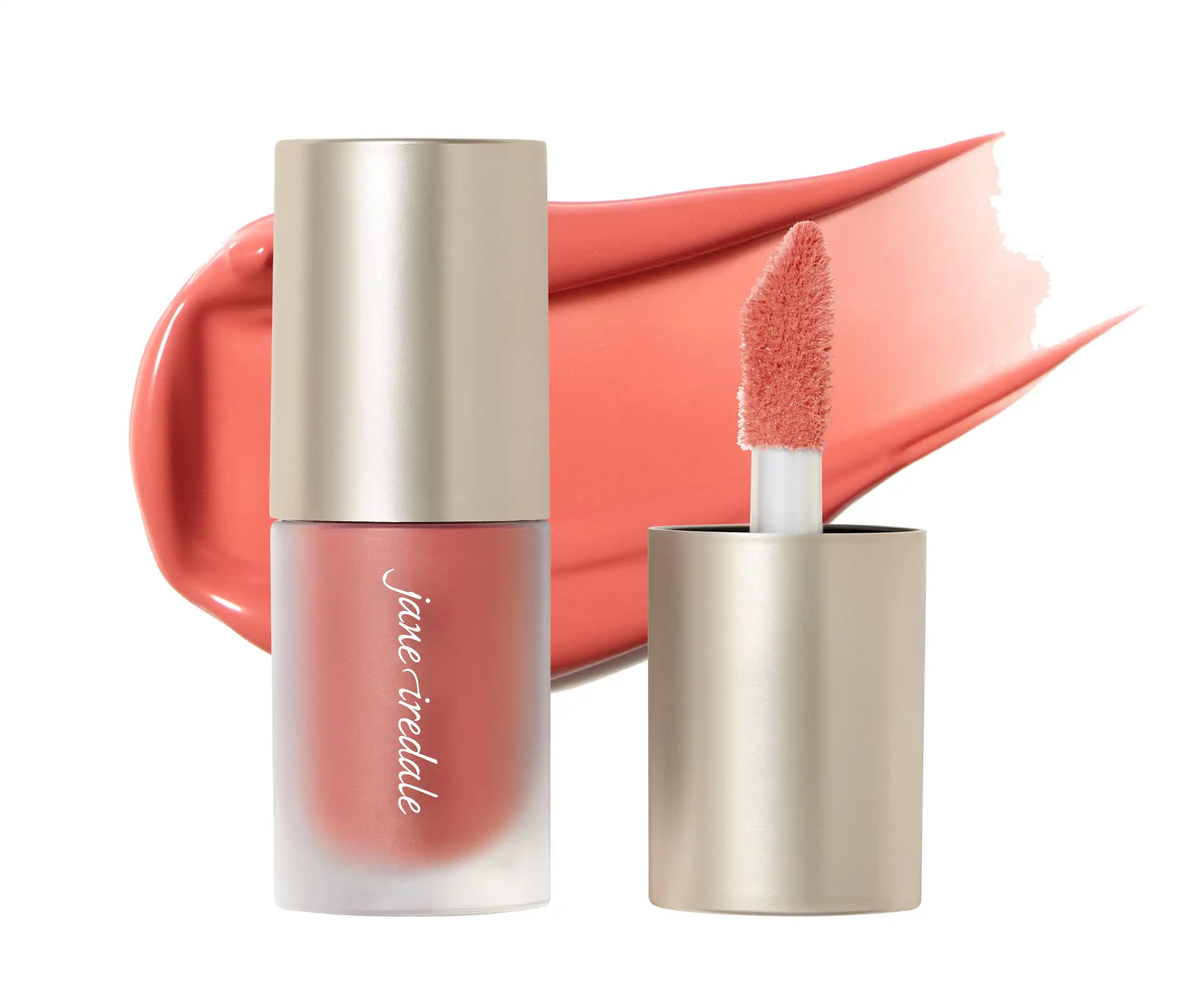 Jane Iredale ColorLuxe Liquid Blush bottle and swatch in shade Wild Child