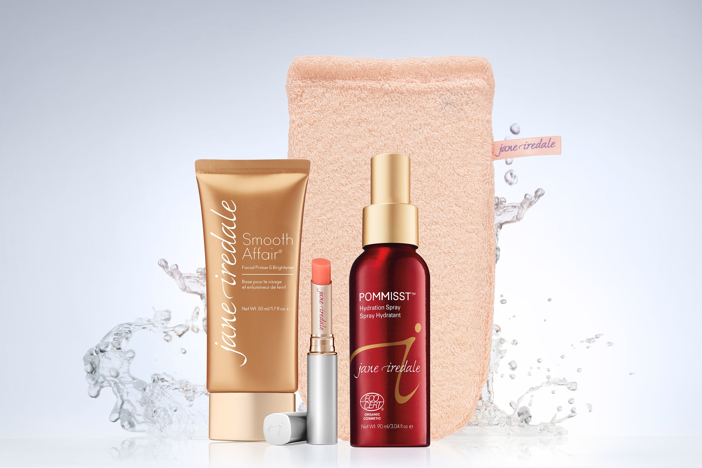 smooth affair primer, magic mitt, lip stain, pommisst hydration spray