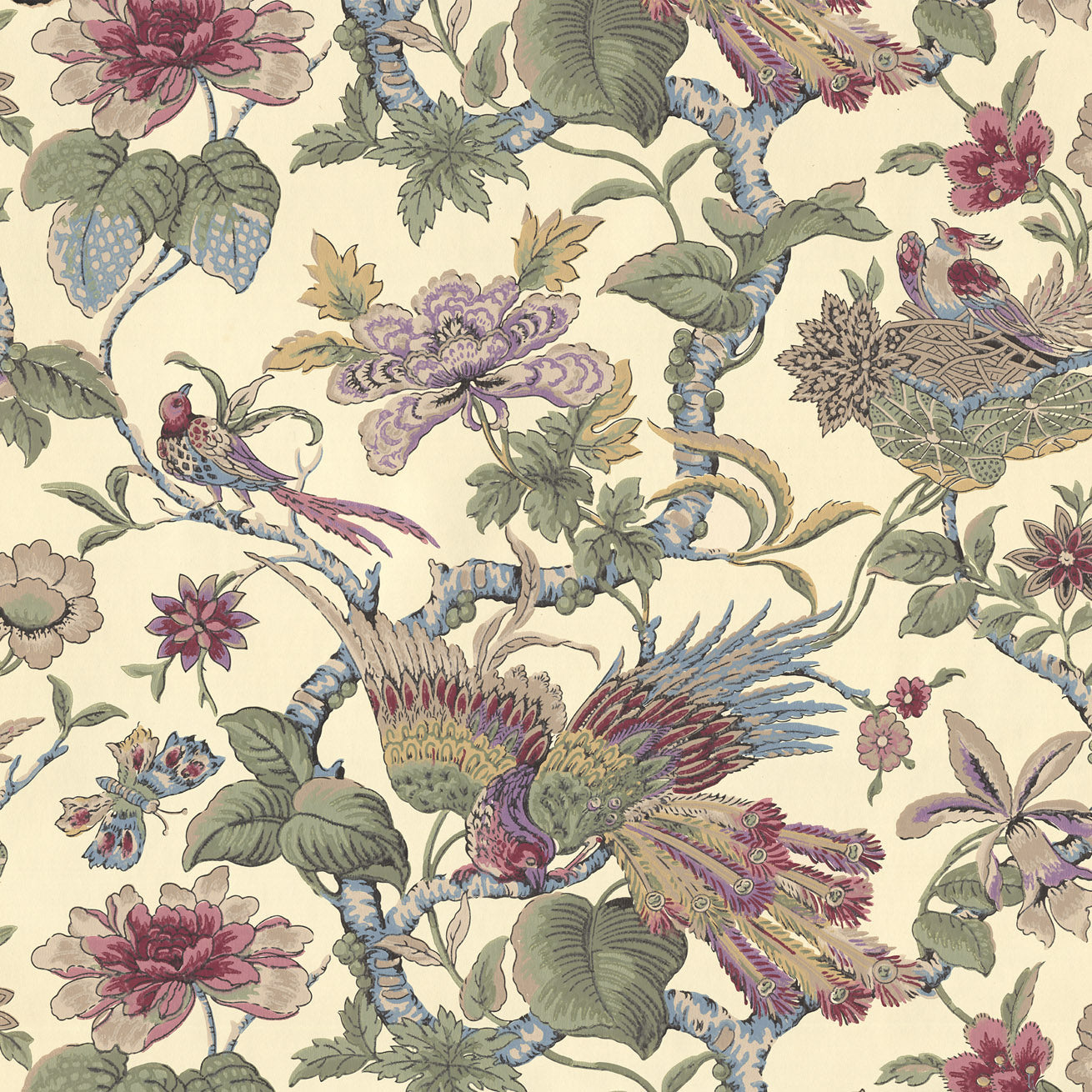Feathered Bird Amid Flowering Vines/Antique Wallpaper - Bolling & Company