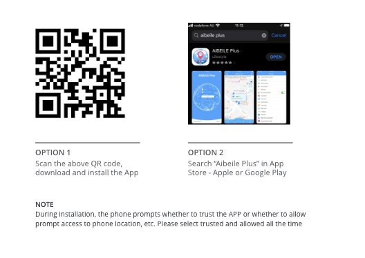 options (QR code and search for aibelee plus)