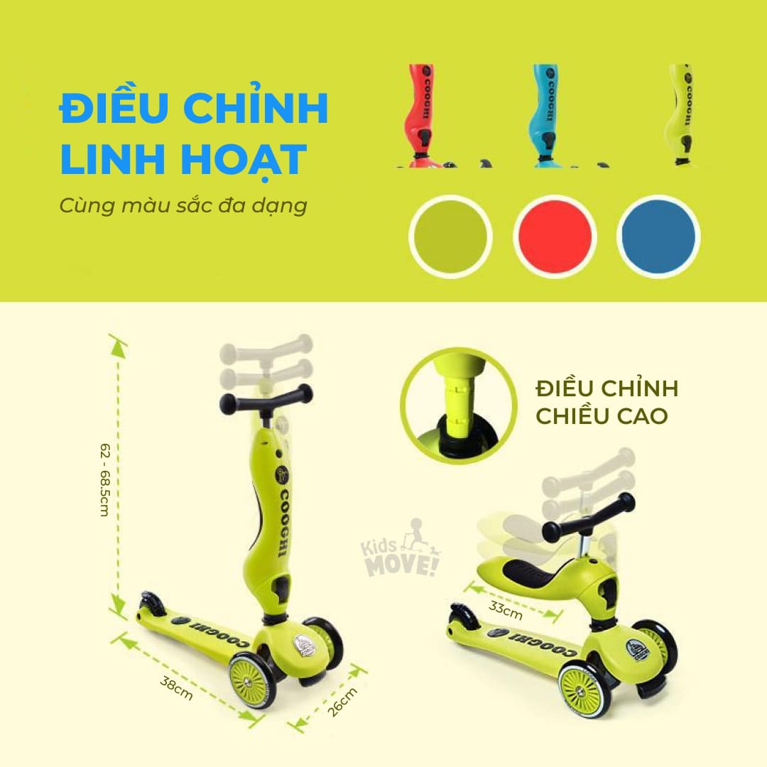 Xe trượt scooter 3 bánh 2 in 1 Cooghi cho bé 1-5 tuổi