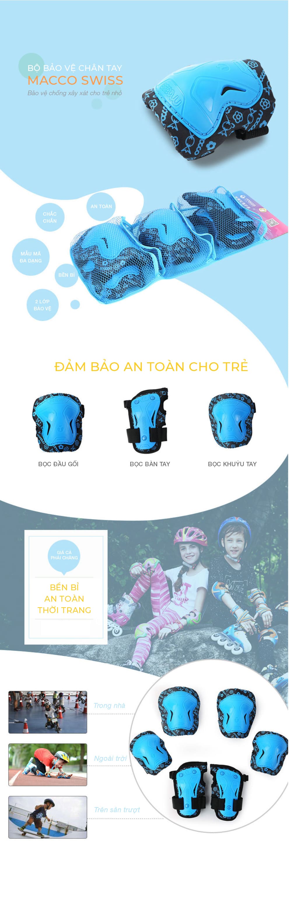 Bộ bảo vệ chân tay 6 món cho bé trai, bé gái 3-4-5-6-7-8 tuổi trượt patin, xe scooter, đi xe đạp