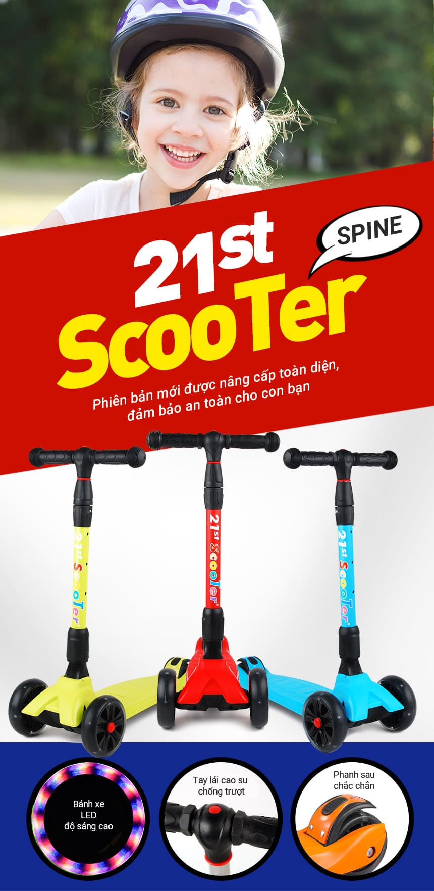 xe trượt scooter 3 bánh có đèn led 21st scooter SPINE cho bé trai và bé gái tphcm 3-14 tuổi có thể gấp gọn