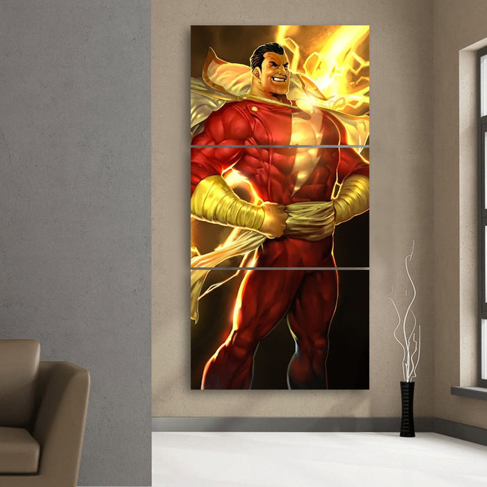 Dc Comics Shazam Golden Vertical 3pc Wall Art Canvas Print Superheroes Gears