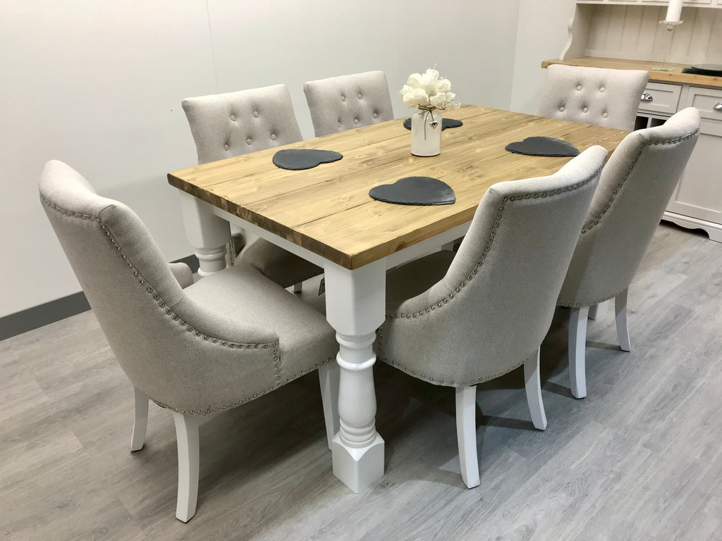 5ft refectory table with 6 beige fabric chairs