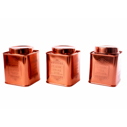 copper coloured tea coffee sugar jars