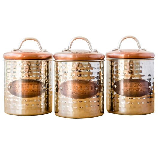 Hammered Metal Copper Lid Tea Coffee Sugar Canister Set Best Value Direct