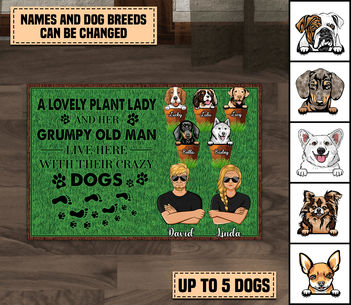 Couple And Dog Personalized Doormat, Personalized Gift for Gardening Lovers - DM016PS02