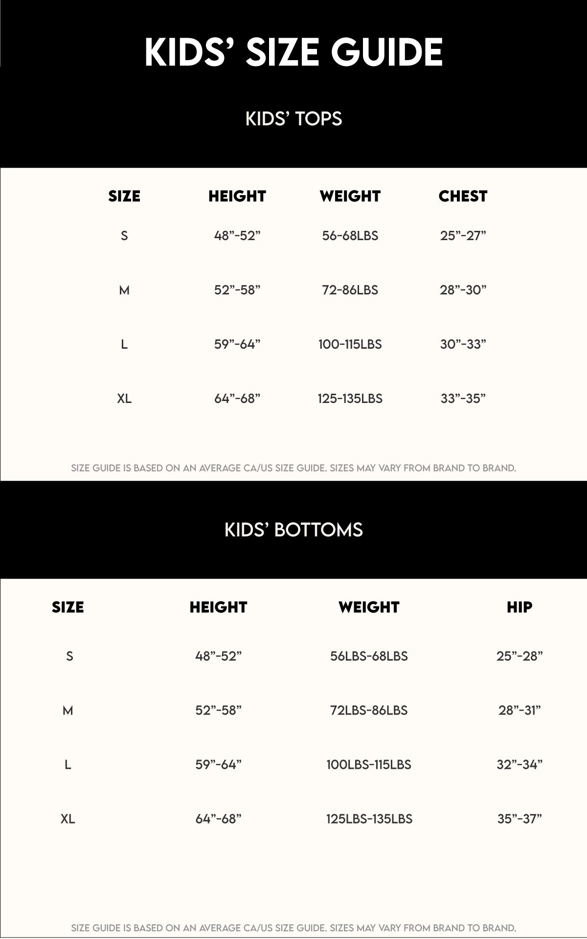 Size guide kids, tops and bottom