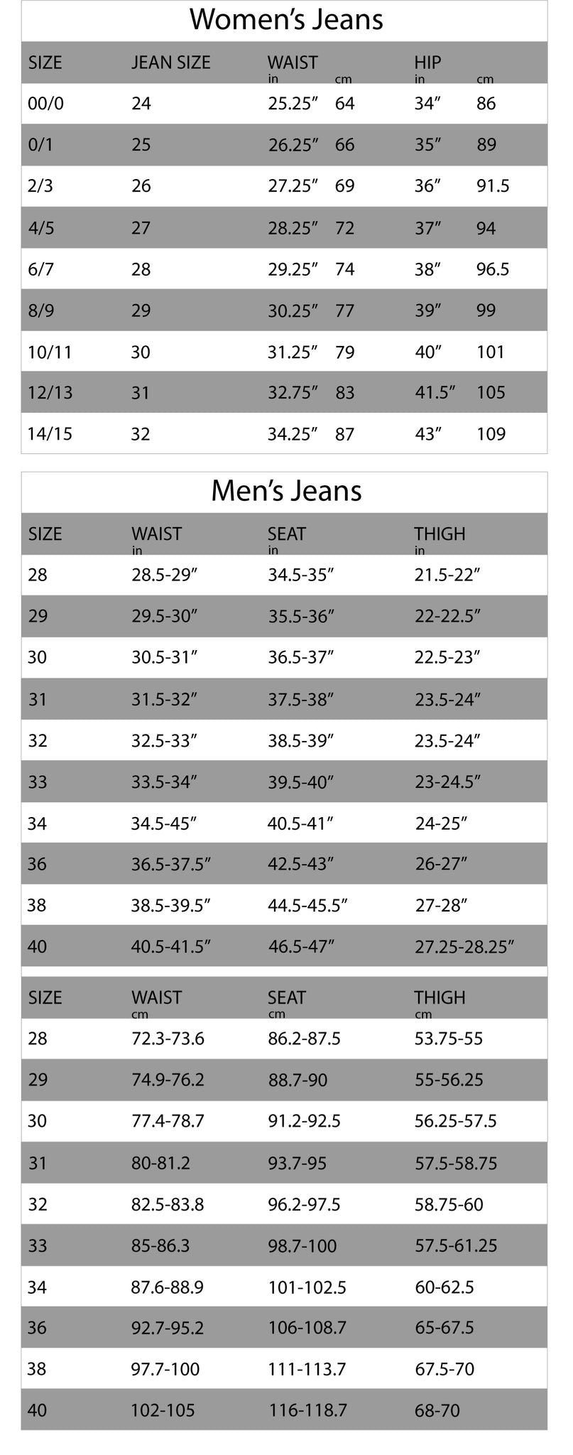 levi jeans women's size chart