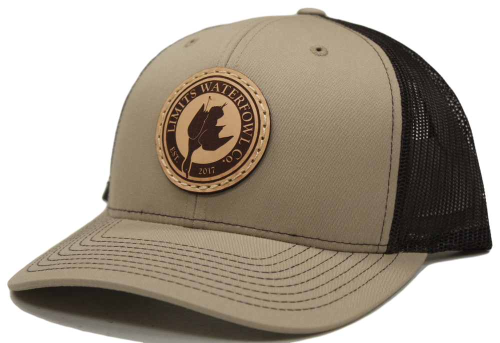 Khaki/Brown Leather Patch Logo Trucker Hat - Limits Waterfowl Co.