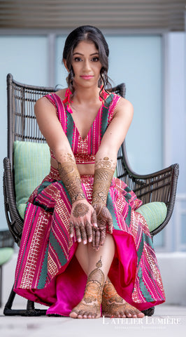 Mehndi Night with Raina in a Pink and Green Striped Sequin Lehenga Outfit - Harleen Kaur Pre Wedding Outfit