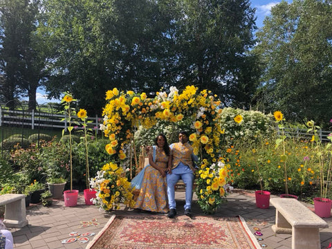 Harleen Kaur Bride and Groom Shailee and Shiva in Matching Yellow and Blue Floral Indian Outfits