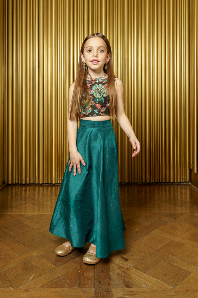 Off White Cotton Silk Green Organza Printed Lehenga for Girls | Fayon Kids