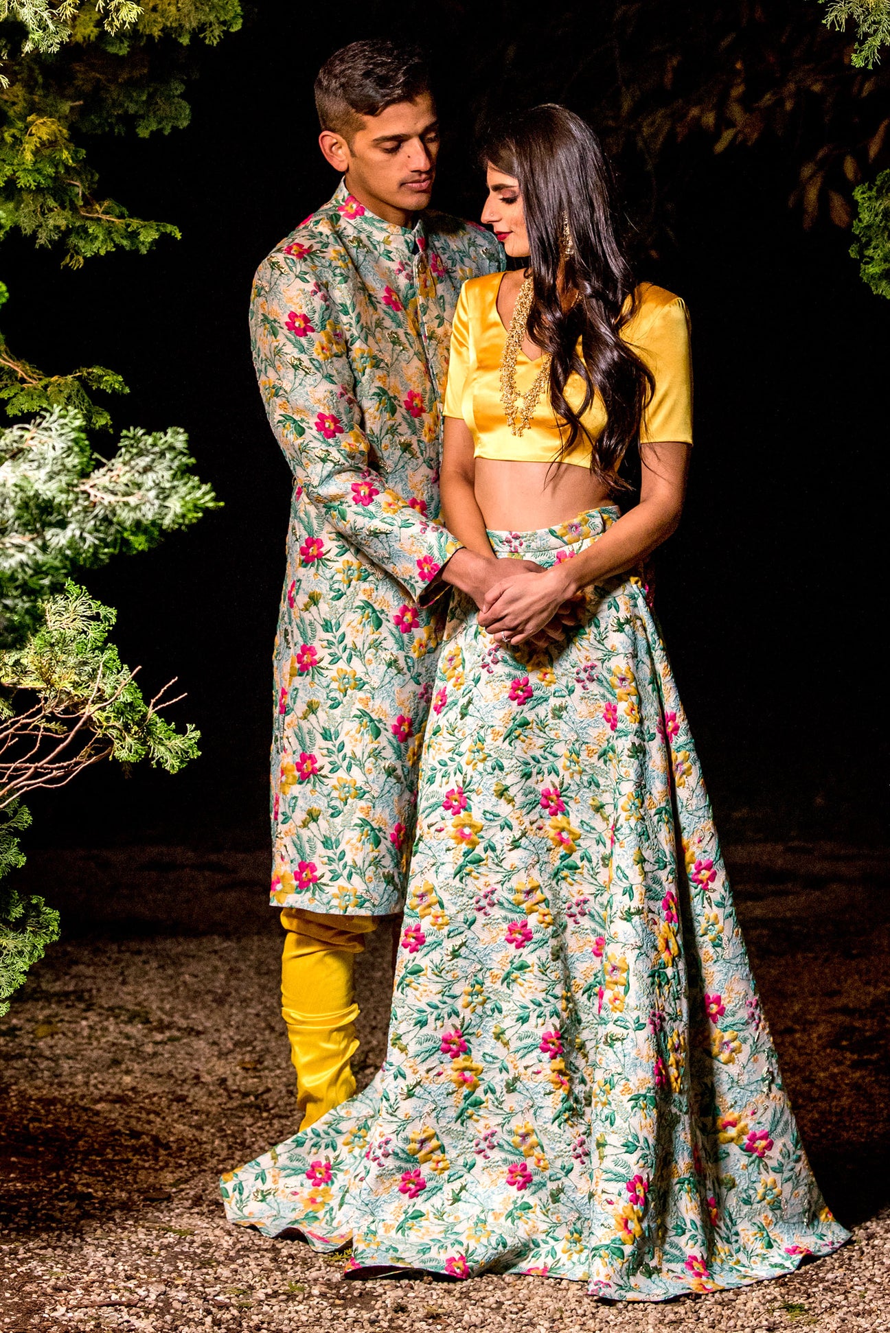 Embroidered floral sherwani and yellow lehenga by Harleen kaur