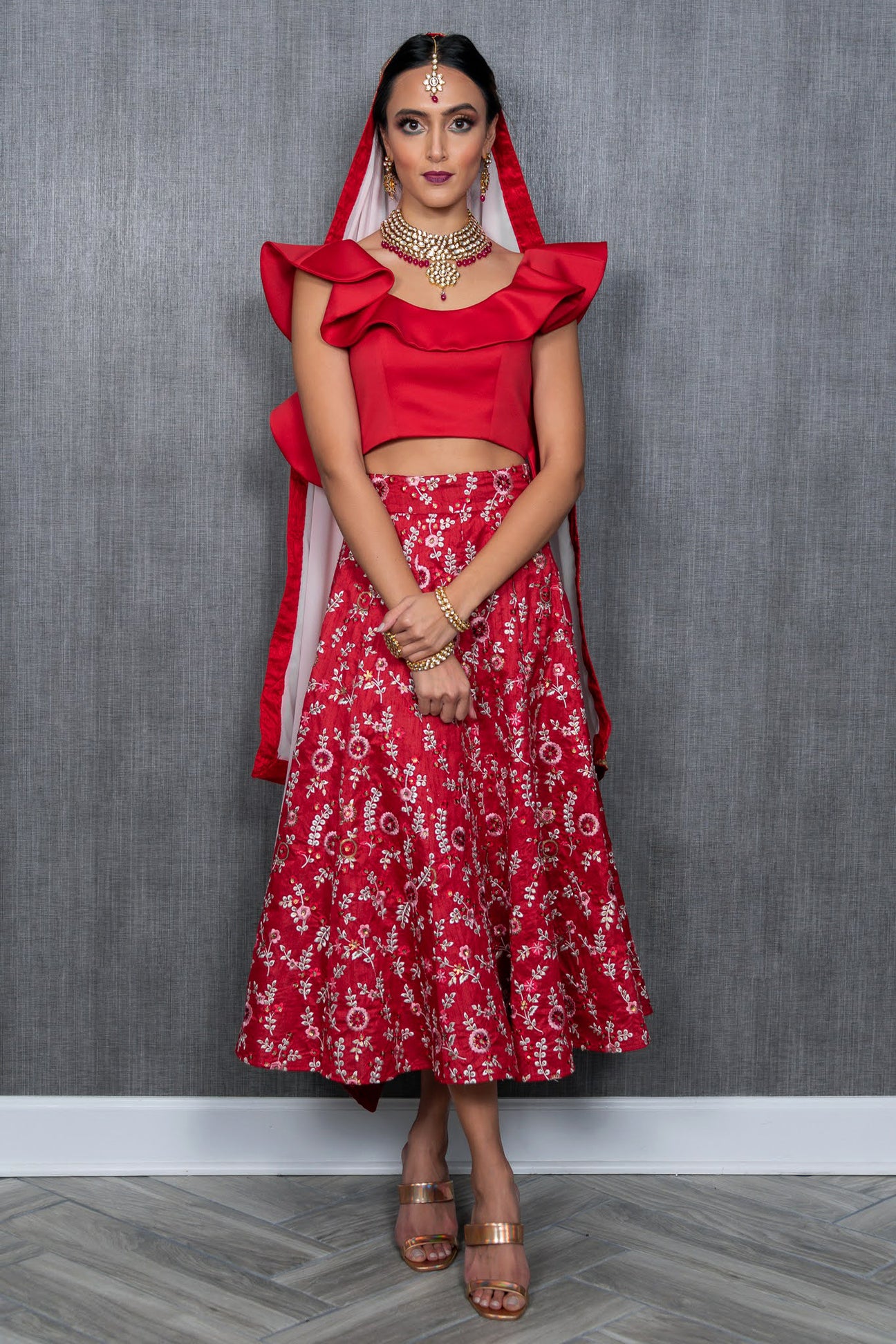 Modern Indowestern Red Midi Lehenga - Designer Harleen Kaur - NYC - The Desi Bride feature