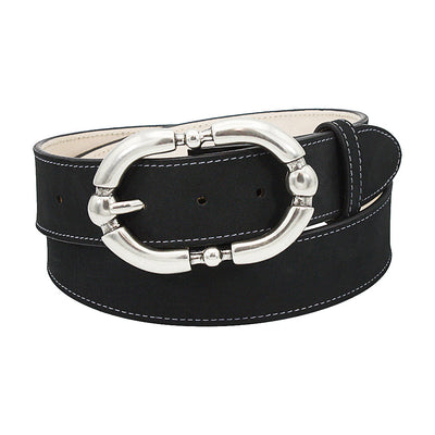 Black Italian Nubuck Belt with Aged Silver and Crystal Oval