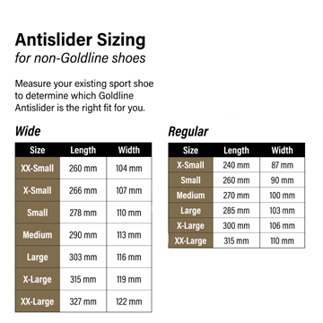 Gripper Sizing chart for non-Goldline shoes