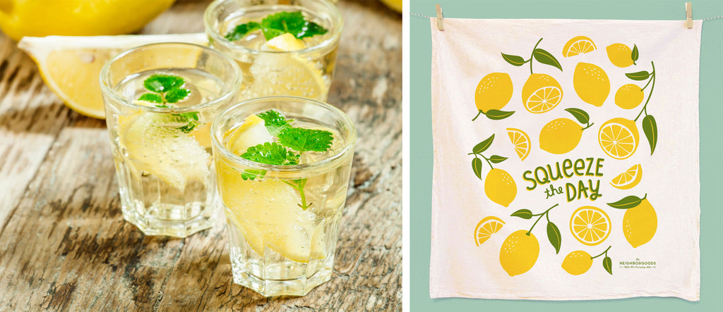 lemonade with lemon balm and lemon dish towel