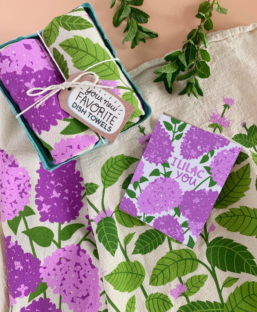 lilac and mint dish towels, and greeting card