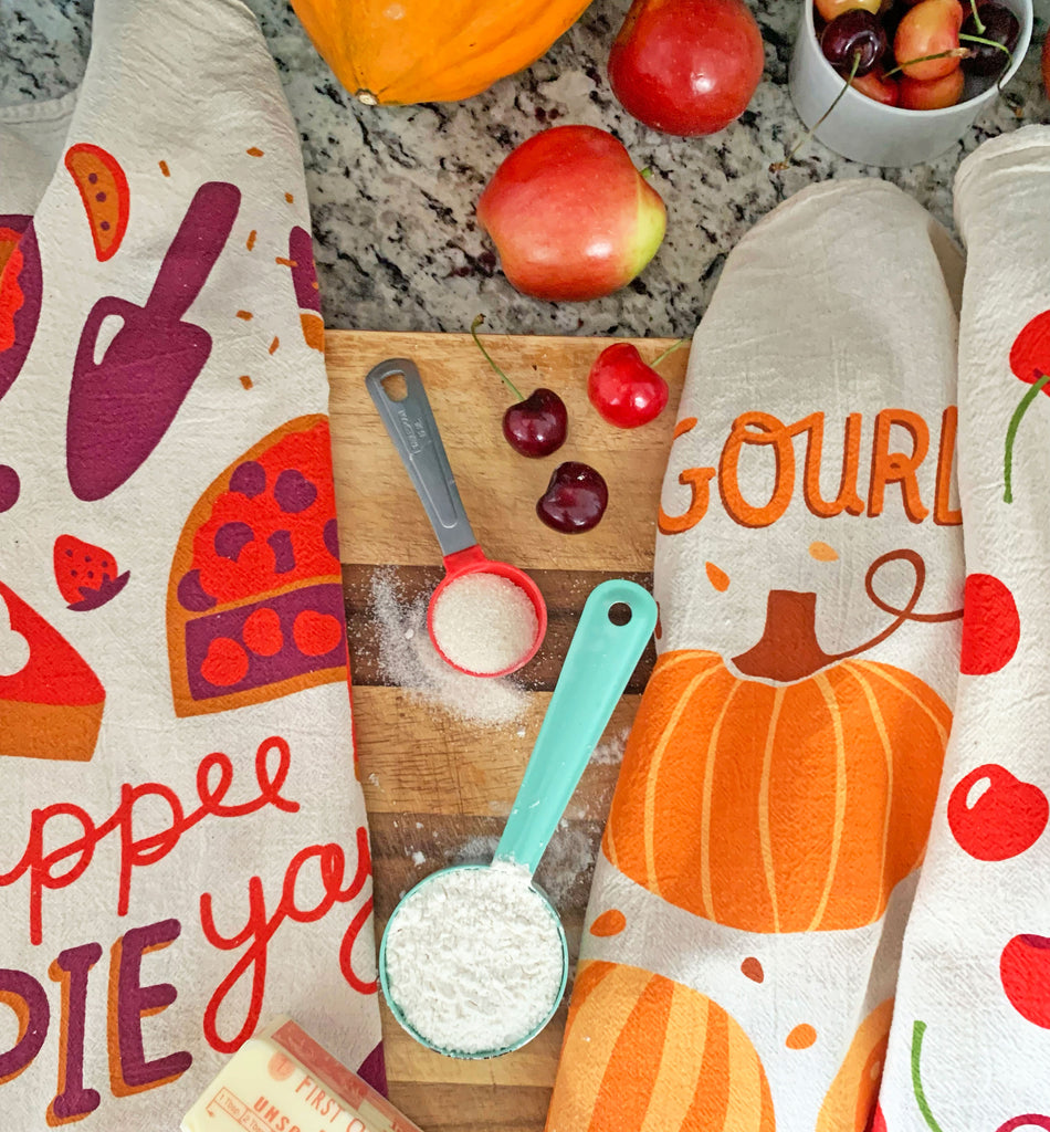 Yippee Pie Yay Dish Towel Set of 3 containing our pie, gourd, and cherry towels
