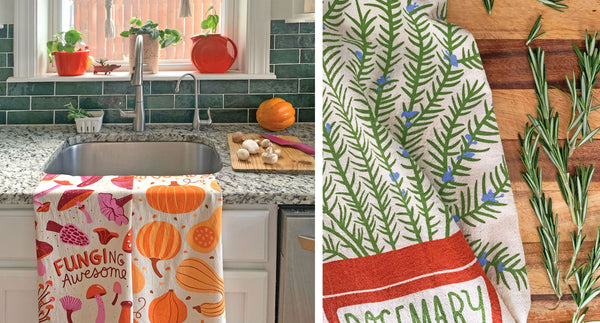 Fall vibes kitchen towels: mushroom, gourd, and roseamary