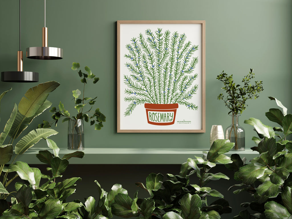 Rosemary art print hanging on wall surrounded by plants