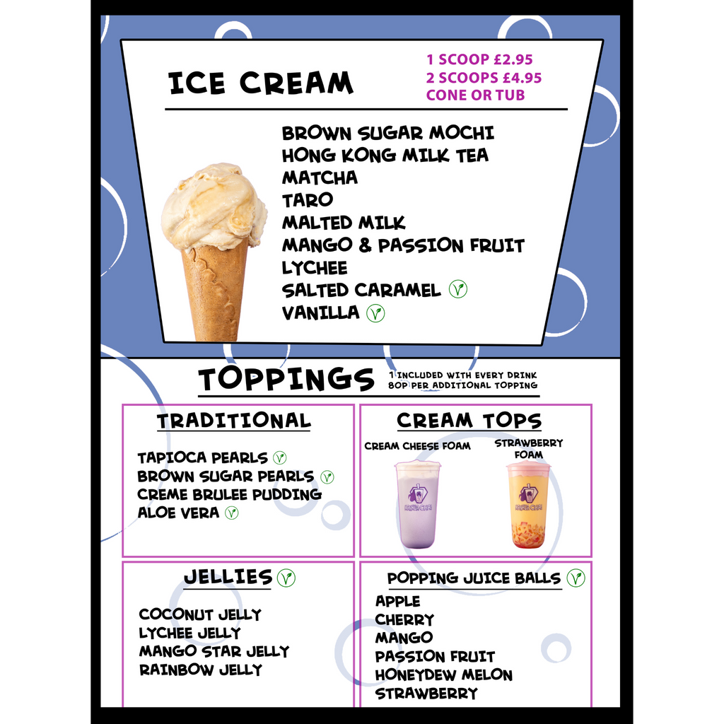 Bubble tea and ice cream menu
