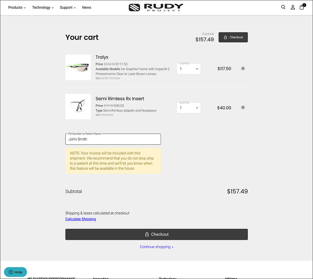 Rudy Project Shopping Cart Screen