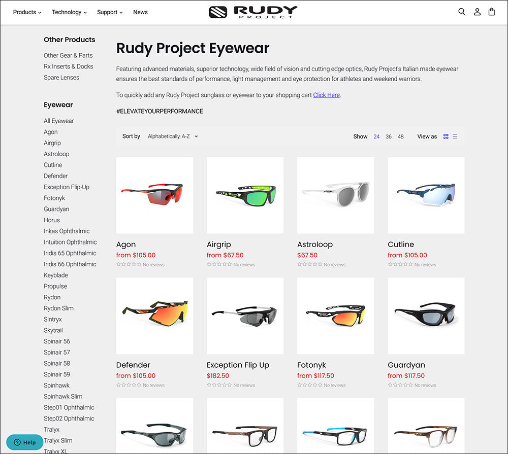 Rudy Project Product Collection Screen