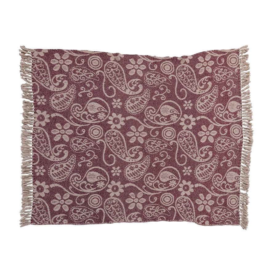 Recycled Cotton Slub Printed Throw w/ Paisley Pattern, Purple & Natural