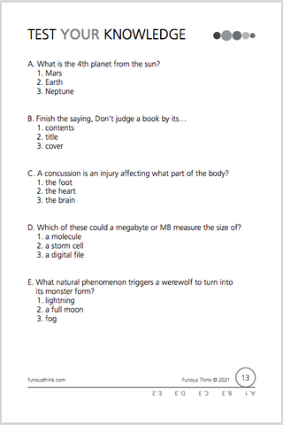 Amazing Brain sample page 5 featuring 5 trivia questions