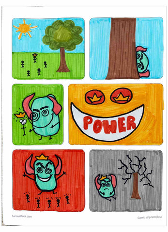 Sample of the comic strip template for Create Stories. Features brightly coloured illustrations of a monster taking power