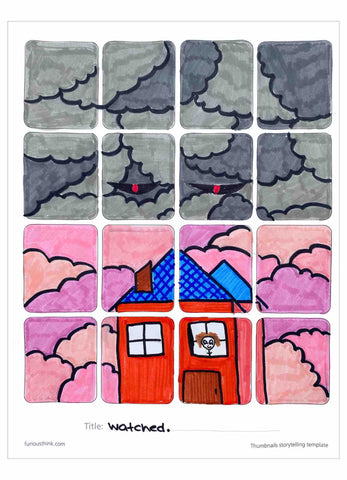 Sample page showing the Thumbnails template for Create Stories. This image features a brightly coloured house with a cloudy sky that includes red menacing eyes
