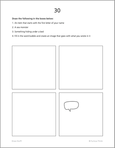Draw Stuff template with four drawing prompts and four associated boxes for drawing in