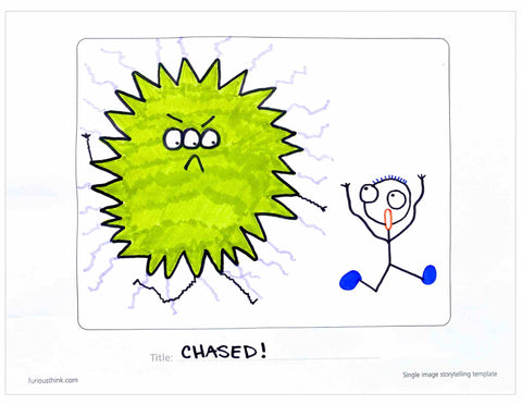Sample storytelling illustration entitled Chased, featuring a green blob chasing a stick figure