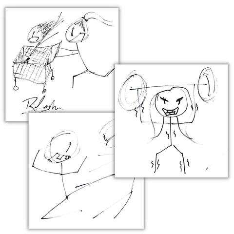 This image features 3 drawings showing stick figures in action