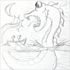 A sea monster surprising two boaters