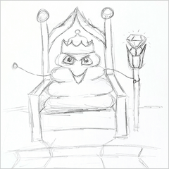 A creature sitting on a throne with a staff