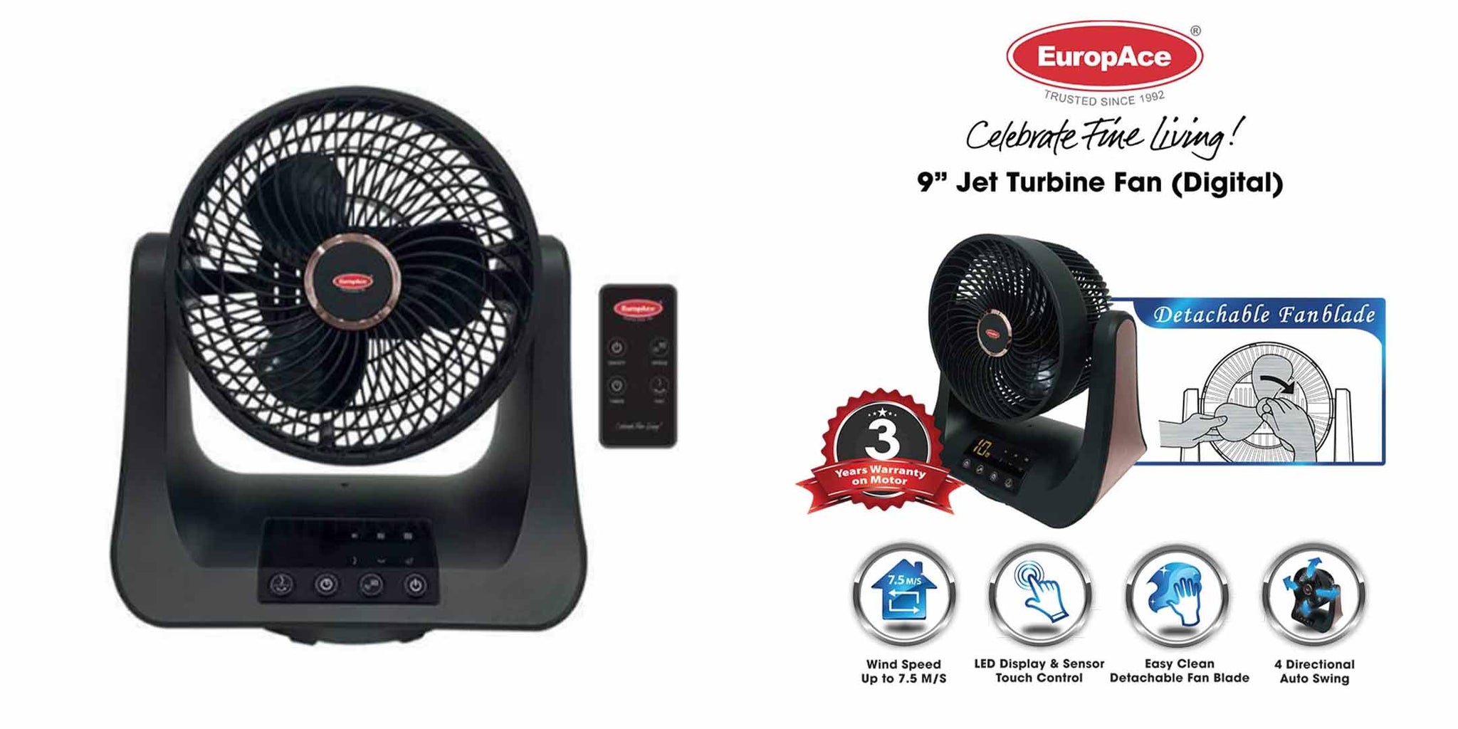 EuropAce Jet Turbine Fan 9 Inches (Digital) EJF 598S