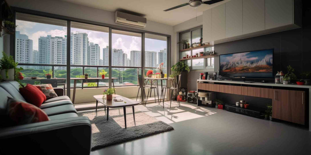 Image depicting a modern industrial HDB living room that has been designed following Feng Shui principles. The room showcases a balance of metal, wood, and earth elements along with a thoughtful layout, indicating the successful adaptation of modern industrial design elements to Feng Shui concepts