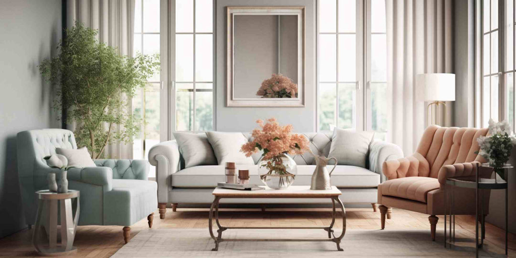 Image of a living room where sofas and arm chairs are arranged in such a way to frame and highlight the coffee table as the focal point, demonstrating the arrangement strategy of 'framing'