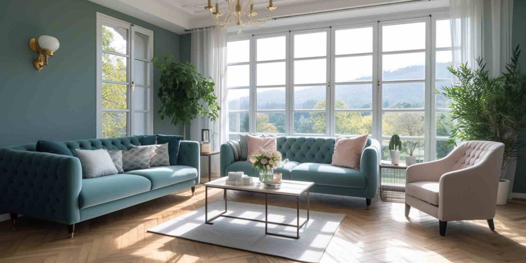 Photograph of a living room with furniture arranged symmetrically, leading the eye towards the large windows as the focal point, showcasing the arrangement strategy of 'symmetry'