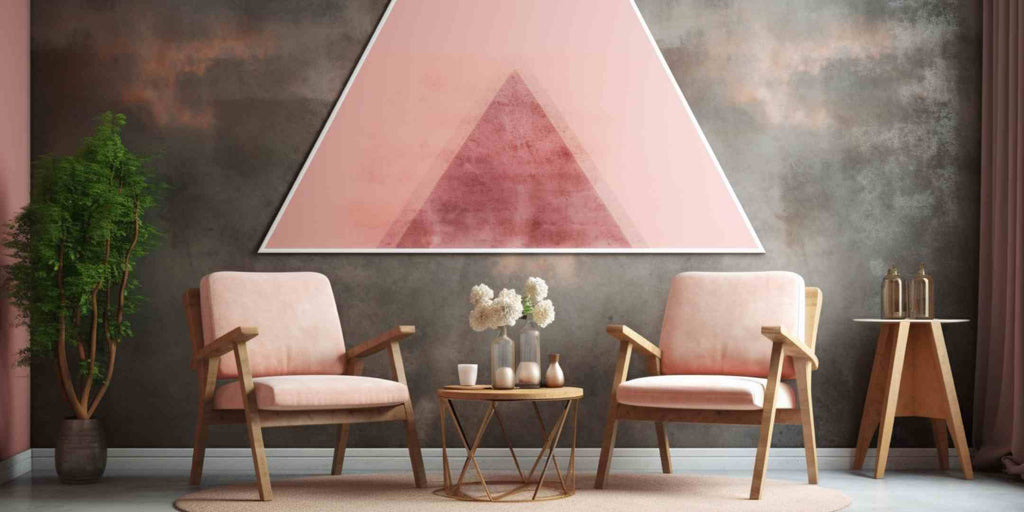 Photograph of a living room where armchairs are arranged in a triangle formation, directing attention to the wall art as the focal point, illustrating the strategy of the 'triangle function' in room arrangement.