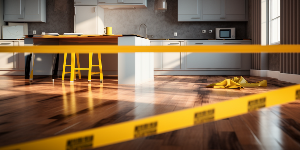 Image illustrating 'Avoiding Common Pitfalls in Renovation Contractor Agreements'. The image features a caution tape across a kitchen setting, symbolizing potential problems or disputes during renovation, emphasizing the importance of understanding and negotiating a fair and clear contractor agreement to avoid common renovation pitfalls.