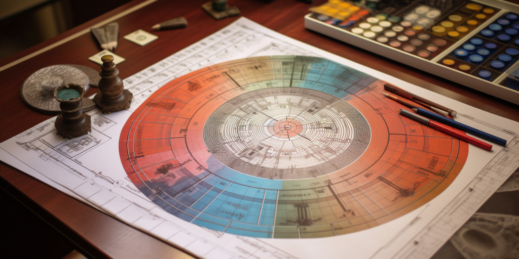 A blueprint of a Singapore home overlaid with a Feng Shui Bagua map, illustrating how to balance interior design and home renovation with Feng Shui principles. The Bagua map is used in Feng Shui to analyze energy in a given space and guides the placement of elements and colors. This image symbolizes the careful planning that goes into creating a harmonious living space.