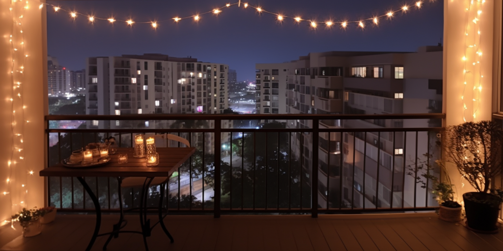 Image representing Best Renovation Singapore Trend #3 for HDB balconies: playing with lighting for a welcoming ambiance. Featured are string lights draped across the balcony, casting a warm, inviting glow, transforming the night-time balcony into a cozy outdoor retreat, exemplifying the power of effective lighting in outdoor spaces.